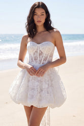Strapless Floral Corset A Line Mini White Dress