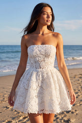 Strapless Lace Floral Corset A Line Mini White Dress