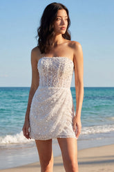 Sparkly Strapless Corset Ruched Bodycon White Dress