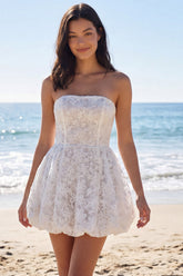 Floral Strapless Corset A Line Mini White Dress
