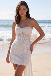 Sparkly Strapless Corset Bodycon Mini White Dress with Bow