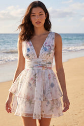 Tiered Floral A Line Ruched Mini White Dress