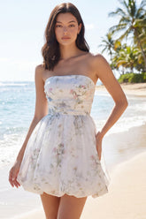 Strapless Floral A Line Mini White Dress