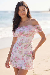 Off the Shoulder Floral Bodycon Ruched Light Pink Mini Dress