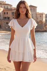 Tiered A Line Cut Out V Neck Mini White Dress with Bow