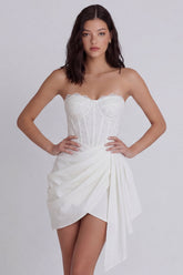 Strapless Corset Ruched Bodycon Mini White Dress with Streamer