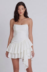Tiered Ruched Strapless Ruffled A Line Mini White Dress