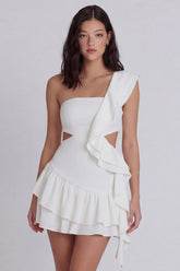 One Shoulder Cut Out Ruffled A Line Mini White Dress
