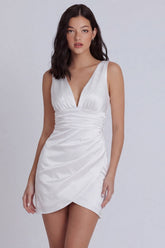 Satin Ruched Bodycon V Neck Mini White Dress