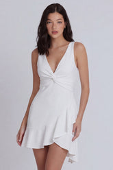 A Line V Neck Mini Ruched White Dress with Ruffles