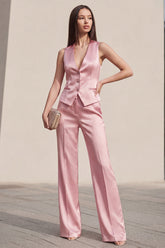 Pink Satin 2 Piece Sleeveless Single Breasted Women's Suits