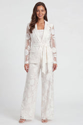 Floral Long Sleeve Notched Lapel 2 Piece Ivory Women's Suits