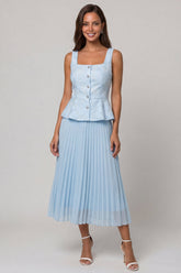 2 Piece Sky Blue Pleated A Line Ruffled Midi Work Dress