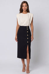 Colorblock Ivory and Black Bodycon Midi Work Dress with Slit