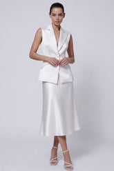 2 Piece Ivory Peaked Lapel Satin A Line Midi Work Dress