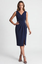 Ruched Bodycon Navy V Neck Midi Work Dress with Slit