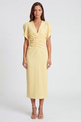 Light Yellow Ruched Bodycon Midi Work Dress with Short Sleeves