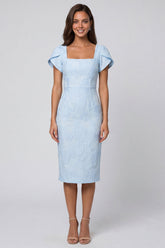 Sky Blue Floral Bodycon Square Neck Midi Work Dress with Slit