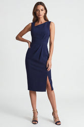 Asymmetrical Neck Ruched Bodycon Navy Midi Work Dress with Slit