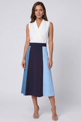 Colorblock A Line Ivory and Blue Midi Work Dress