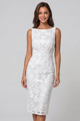 Bateau Neck Floral Ruched Ivory Bodycon Midi Work Dress