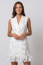 Shawl Lapel Ivory Floral Bodycon Mini Work Dress with Ruffles