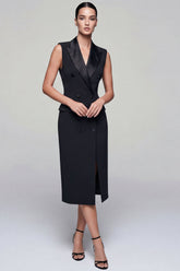 Peaked Lapel Black Bodycon Midi Work Dress with Slit