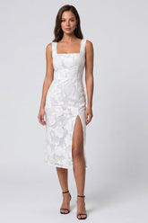 Floral Ivory Bodycon Midi Work Dress with Slit