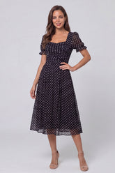 Black and White Polka Dot A Line Midi Work Dress with Short Sleeves