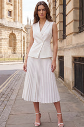 2 Piece Peaked Lapel Ivory A Line Pleated Midi Work Dress