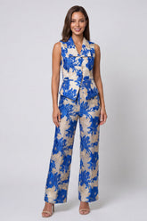 Shawl Lapel 2 Piece Blue Floral Sleeveless Women's Suits