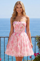 Floral Pink Strapless Corset A Line Homecoming Dress