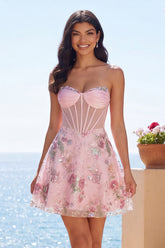 Strapless Corset Sequin Floral Pink Appliqued Homecoming Dress