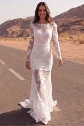 Long Sleeve Embroidered Ivory Mermaid Maxi Boho Wedding Dress