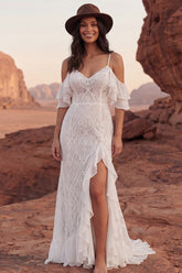 Lace Cold Shoulder Ivory Mermaid Ruffled Boho Wedding Dress