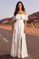 Off the Shoulder Ivory A Line Ruffled Boho Wedding Dress with Slit
