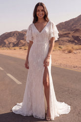 Ivory Mermaid Lace V Neck Boho Wedding Dress with Flutter Sleeves
