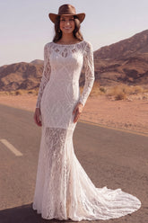 Long Sleeve Ivory Mermaid Lace Maxi Boho Wedding Dress