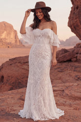 Ivory Off the Shoulder Mermaid Lace Ruffled Boho Wedding Dress
