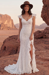Ivory Mermaid Lace Maxi Boho Wedding Dress with Ruffles