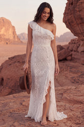 One Shoulder Ruffled Ivory Mermaid Lace Boho Wedding Dress