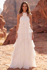 3D Flower Halter Ruffled Ivory Tiered Boho Wedding Dress