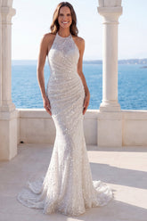 Sparkly Mermaid Halter Ruched Ivory Wedding Dress