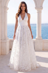 Halter Floral A Line Backless Ivory Maxi Wedding Dress