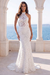 Halter Floral Mermaid Corset Backless Ivory Wedding Dress
