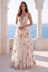 Floral A Line Ivory Embroidered V Neck Wedding Dress