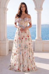 Off the Shoulder Corset Floral A Line Ivory Embroidered Wedding Dress
