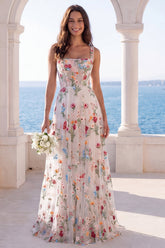 Floral Corset A Line Ivory Embroidered Maxi Wedding Dress