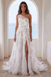 One Shoulder Ruched A Line Ivory Printed Maxi Wedding Dress