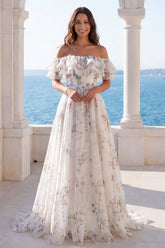Off the Shoulder Ruffled A Line Printed Ivory Maxi Wedding Dress